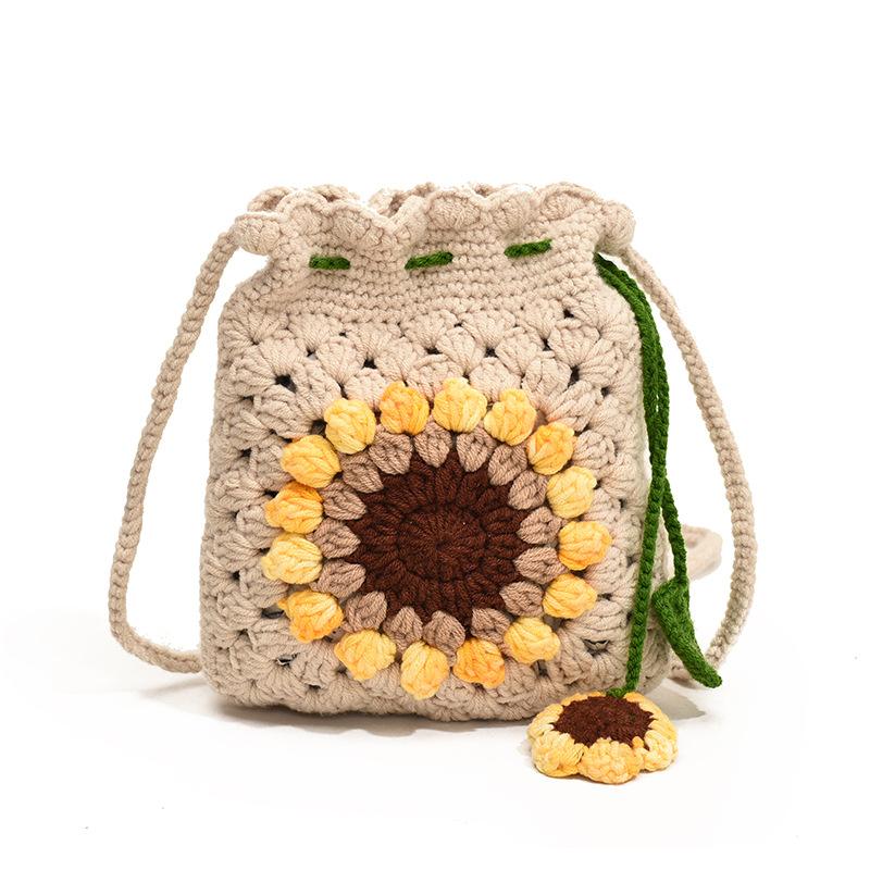 Handmade Crochet Sunflower Phone Crossbody Bag For Women, Cute Knitted Lightweight Cell Phone Purse Drawstring Pouch For Daily Commute