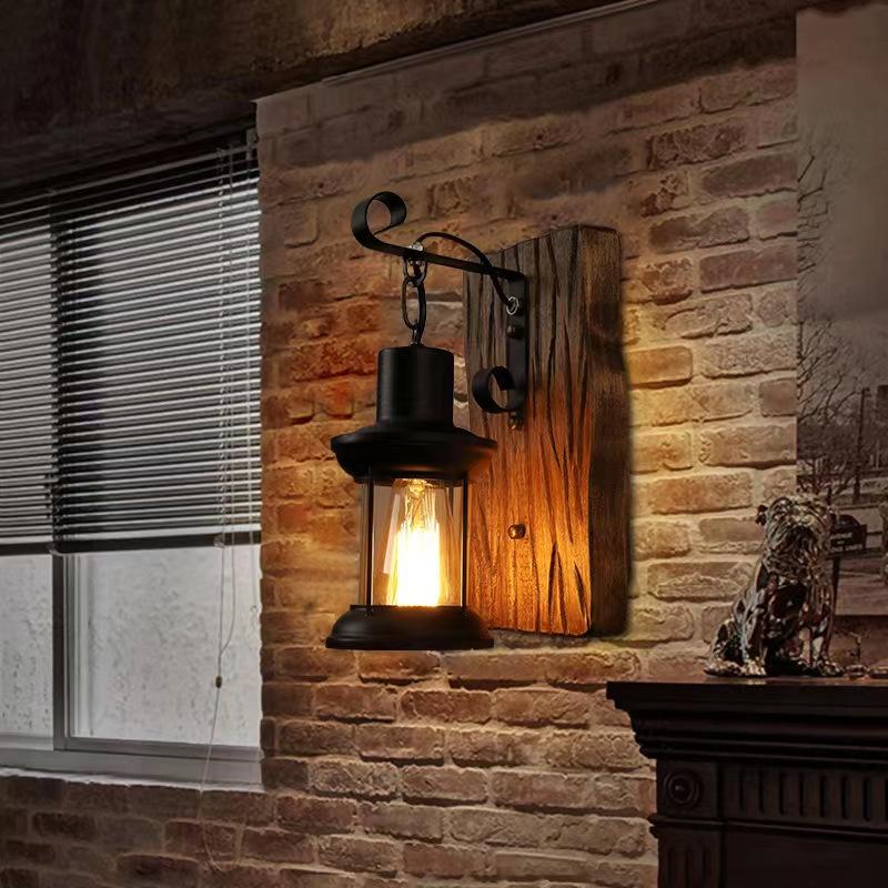 Single Head Industrial Retro Solid Wood Wall Lamp Nostalgic Style Decorative for Home Corridor Courtyard Bar Cafe Door Lighting
