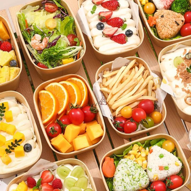 10Pcs/Set Disposable Lunch Box Kraft Paper Square Lunch Box Fast Food Packing Boxes Paper Bowls With Lid Household Bento Boxes