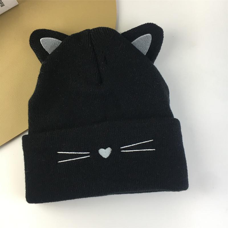 Cute Cat Ear Embroidered Knit Beanie - Women's Warm Winter Hat