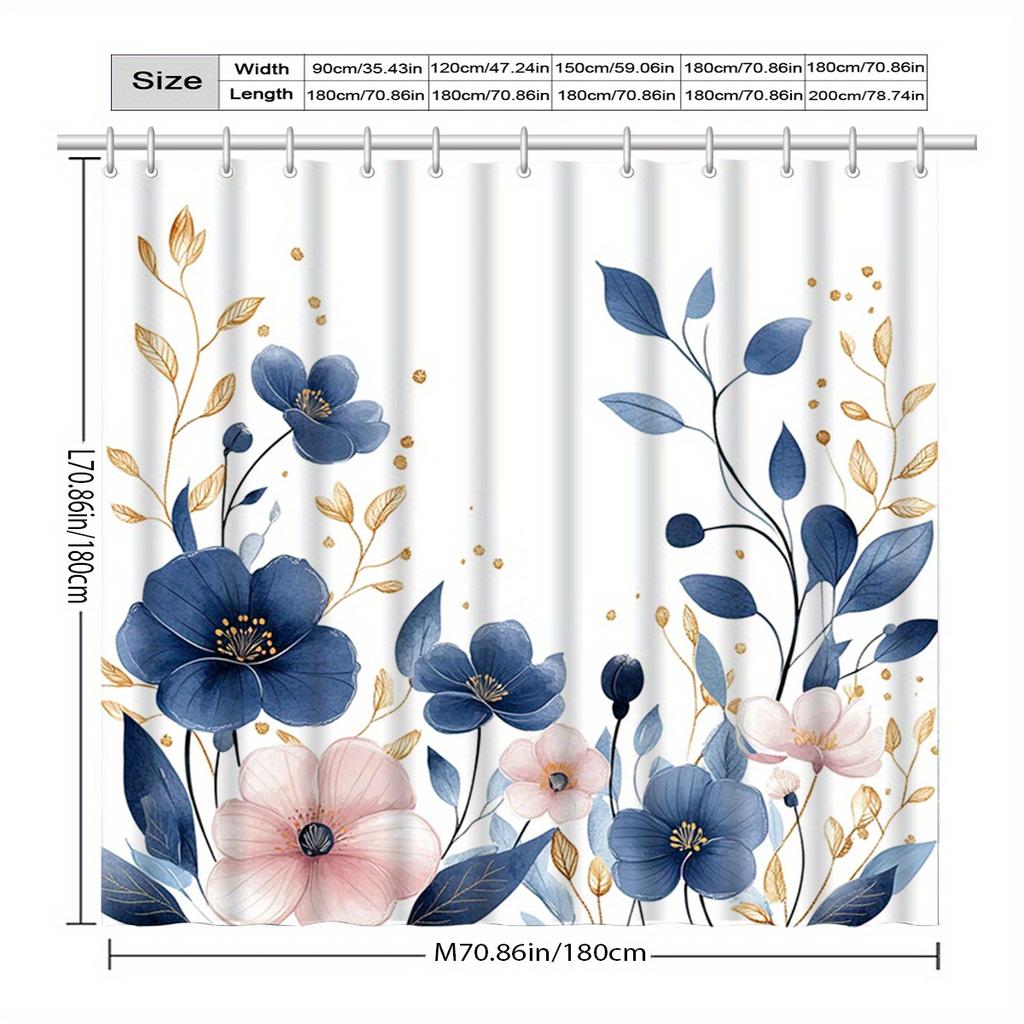 1Pc Blue Floral Pattern Shower Curtain With Hooks, Bathroom Partitions, Bathroom Accessories, Home Decoration