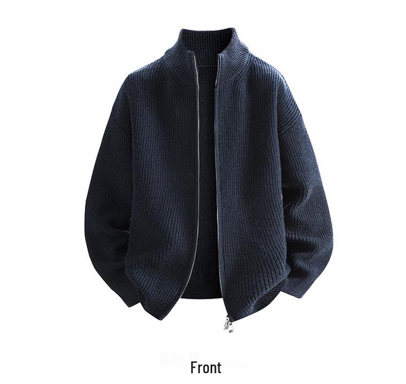 Men's Stand Collar Knitted Cardigan Sweater - Winter Trend, Loose Fit, Solid Color, Zipper Closure