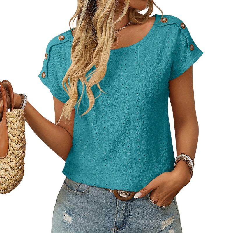 Women's Spring and Summer New Solid Colour Round Neck Button Short-sleeved T-shirt Hollowed Out Tops