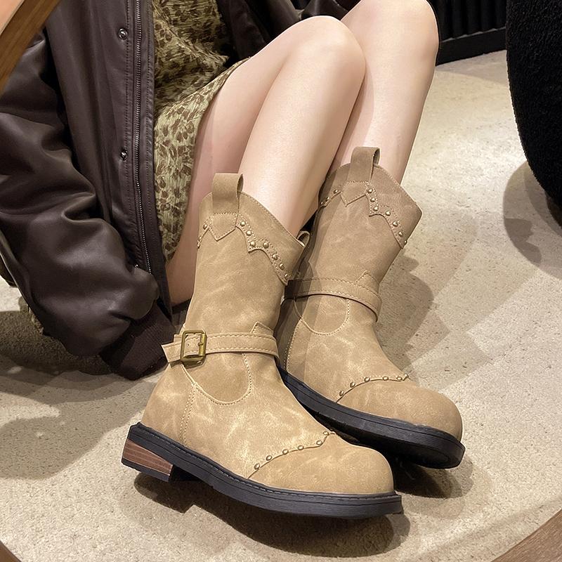 Fashion Autumn V-rivet Belt Buckle Ankle Boots 2024 Warm English Heel Plus Fleece Knight Vintage Boots