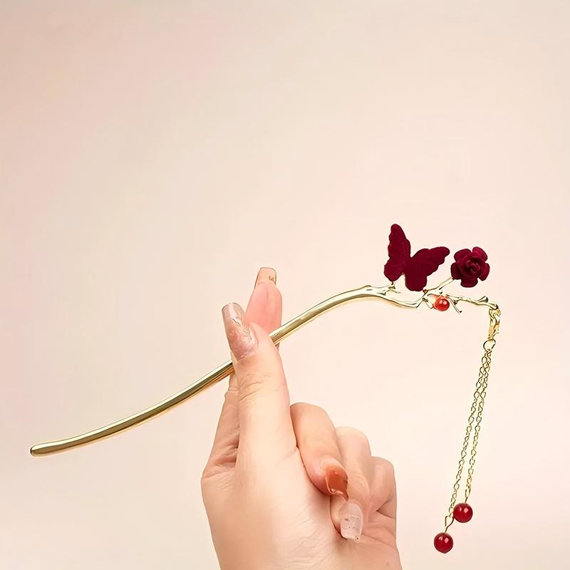 Romantic Rose Chinese Style Tassel Hair Clip Women's Fashion Handmade Hair Clip Exquisite Gift Women Hair Needle Hair Accessory
