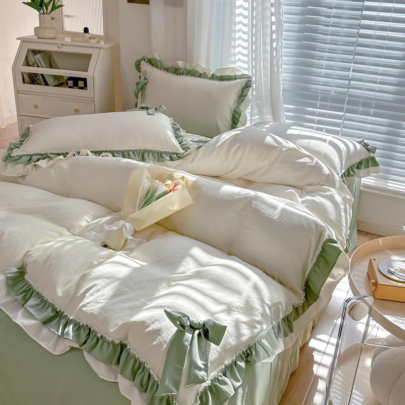 Korean Princess Style Bedding Set Girl Heart Solid Color Double Bed Sheets Washed Cotton Ruffled Bed Cover Skirt Sheet Quilt Set