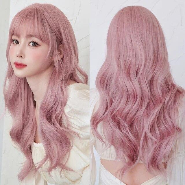 PERRUQUES Perruque rose longue ondulée pour femmes Fête quotidienne Perruques de cheveux synthétiques d'aspect naturel avec frange moelleuse 24 pouces
