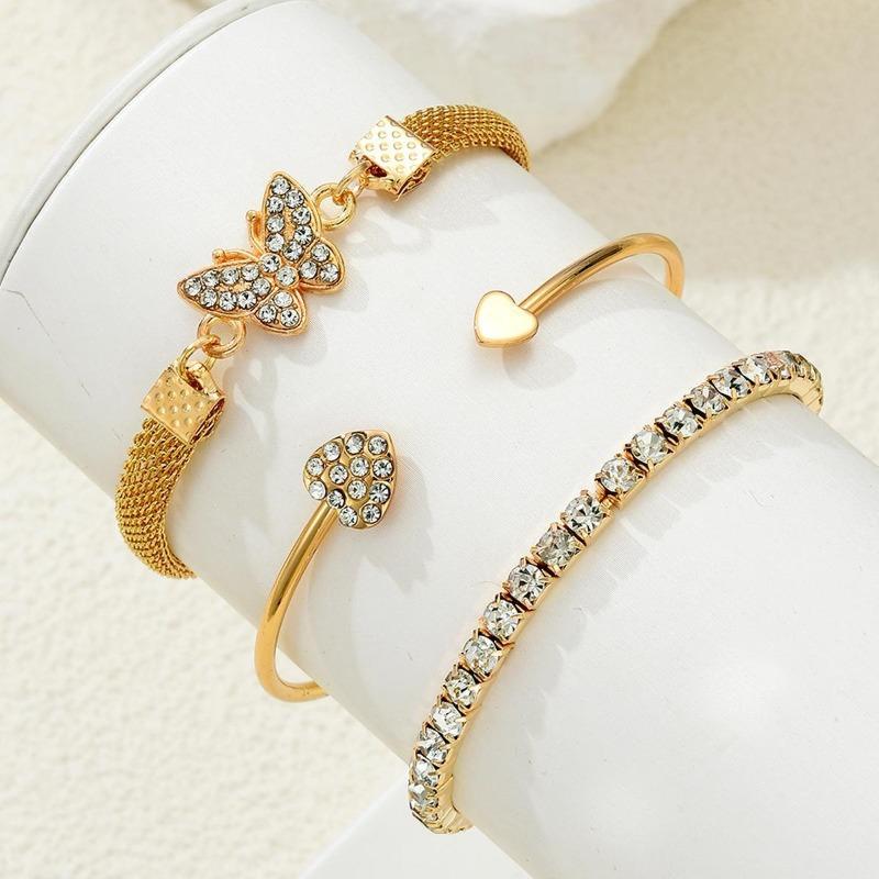 3pcs/Set Luxury Fashion Minimalist Charm Rhinestone Butterfly  Heart Layered Bangle Bracelet High-End Accessory Set for Women