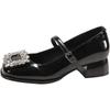 French Thick Heel Square Head Mary Jane Small Leather Shoes Women's Spring 2025 New Rhinestone Square Buckle Light Mouth Color Matching Shoes