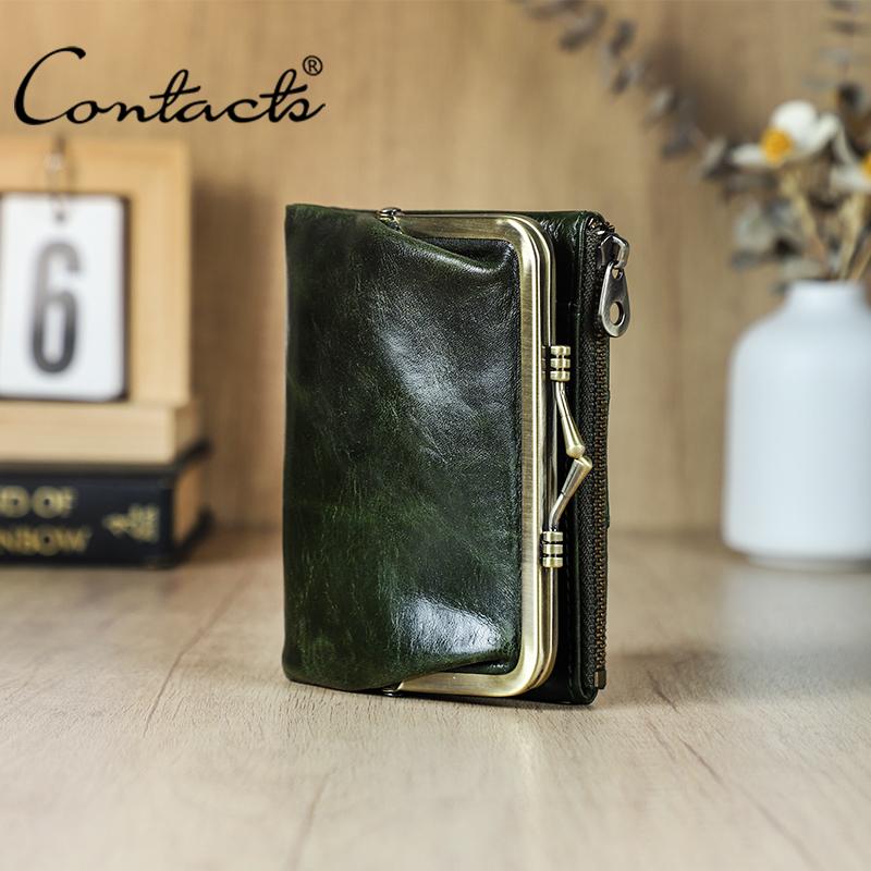 

Женский кошелек из натуральной кожи, небольшой кошелек с металлическим каркасом, женский кошелек на застежке и молнии, карман для монет, держатель для кредитных карт, RFID-кошелек темно-зеленого