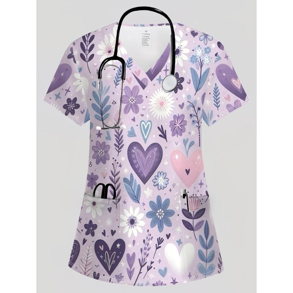 Nursing Uniform Woman Comfortable Dentist Vet V-Neck Short Sleeve Women Scrub Fashion Heart Pattern Print Clinical Uniform Woman