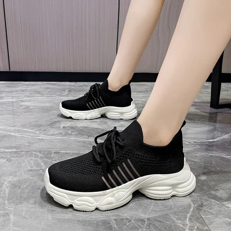 Breathable mesh flying Weaver girl style sports shoes,  new summer versatile casual lace-up thick-soled anti-slip dad shoes