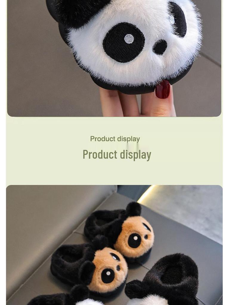 Dětské zimní plyšové pantofle s pandou - Teplé bavlněné boty bez paty pro chlapce a dívky