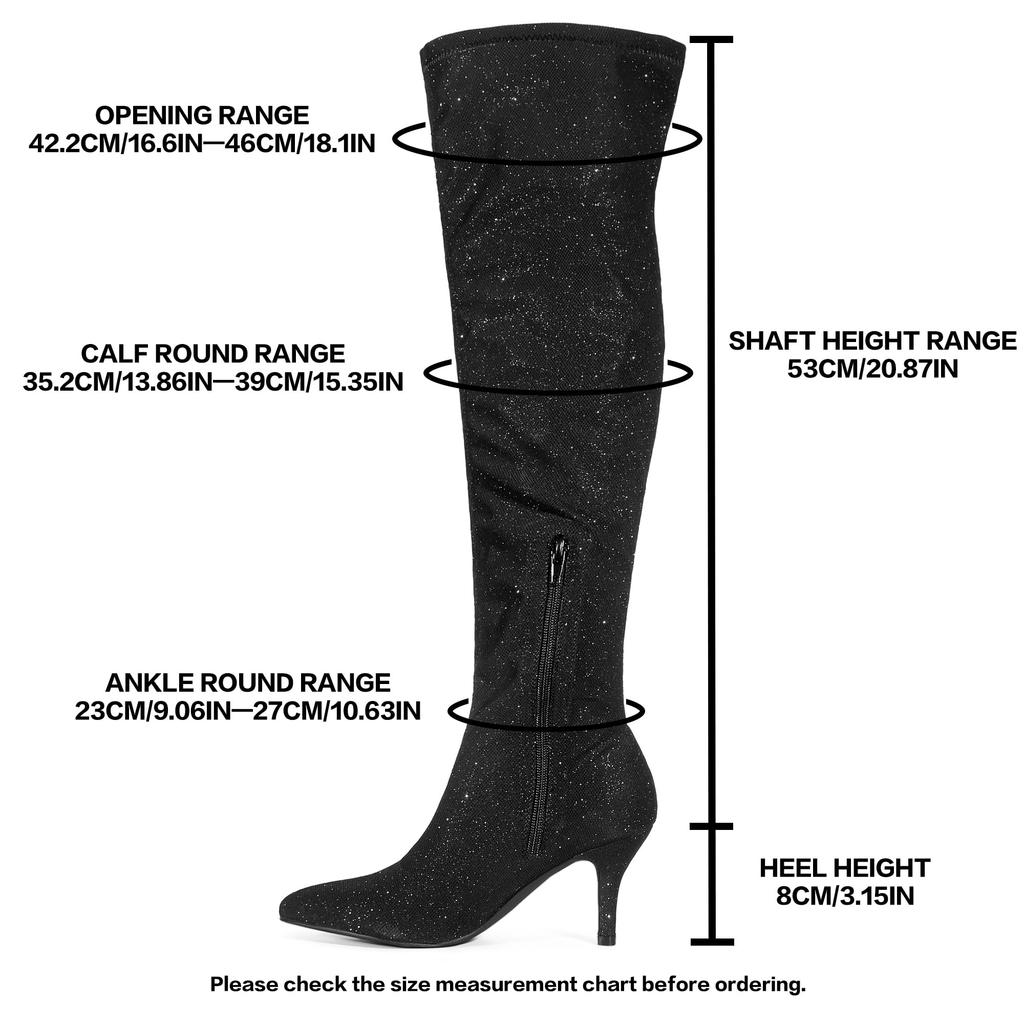 Allegra K Glitter Knee-High Boots, Pointed Toe, Stiletto Heel, Women's, Black, Size 25.5cm