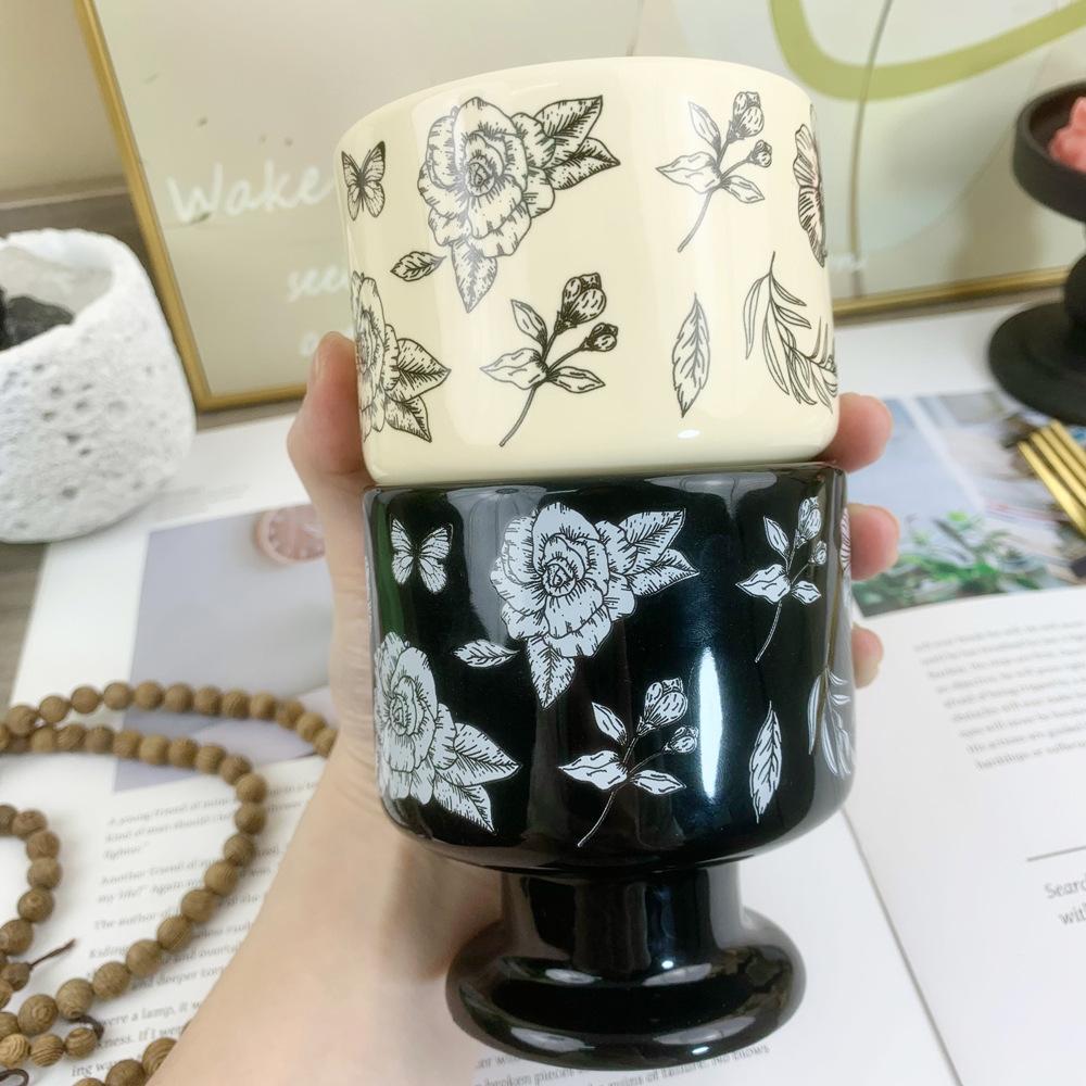 Retro Camellia Black and White Goblet Niche Ceramic Mug Coffee Dessert Water Cup Souvenir Gift Birthday