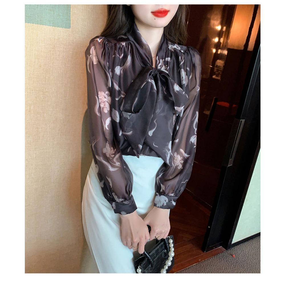 Gentle French Bow Top Women's Long Sleeved Floral Chiffon Shirt New Chic and Stylish Small Shirt
