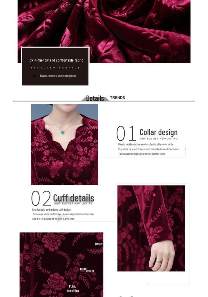 Abito da Donna 2026 Primavera con Rilievo e Scollo a V per Donne di Mezza Età e Anziane - Elegante, alla Moda, Manica Lunga, Gonna ad Ampio Orlo