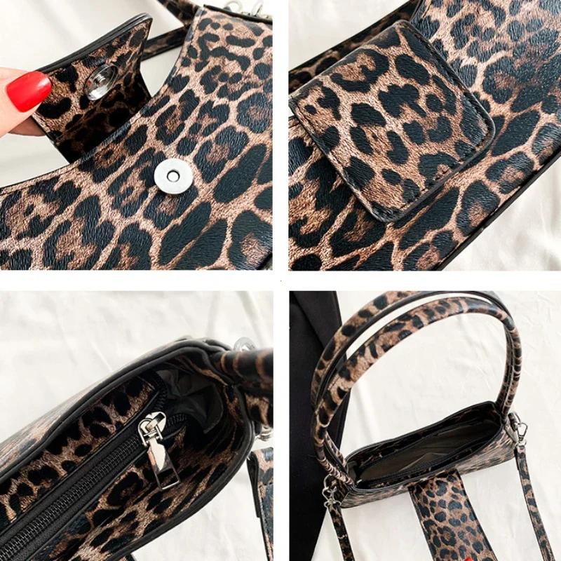 Fransk Stil Underarmsveske for Kvinner Brun Svart Leopard Håndveske Clutchveske Dame Vintage PU Lær Crossbody Vesker Allsidig