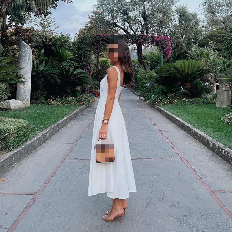 Evropské a americké letní šaty s čtvercovým výstřihem, v pase na šňůrku, áčkového střihu, módní na ramínka, dlouhé