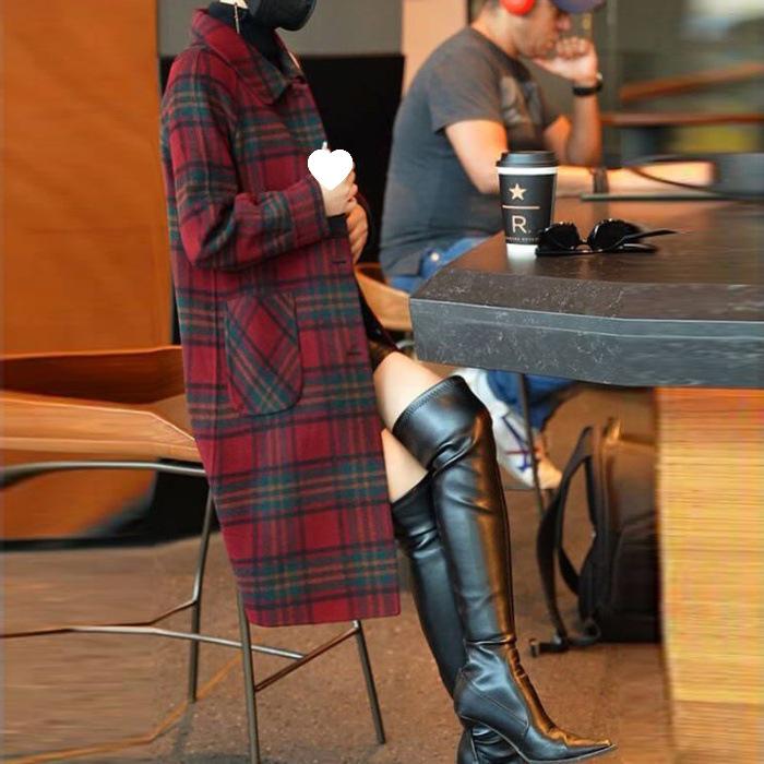 

Women s Red Plaid Wool Coat - 2025 Korean Style Autumn/Winter, Double-Sided for Middle-Aged & Elderly M