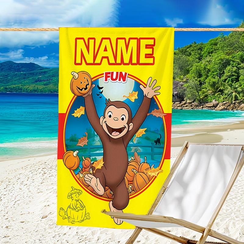 1pc Curious George3 Beach Towel with Custom Name, Beach/Swimming/Bath/Picnic/Camping Towel, Suitable for Seaside Beaches