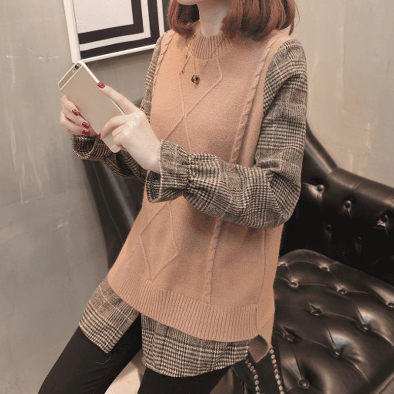 

Поддельный свитер из двух частей в клетку, свободный, ретро, женский, осень/зима, модный, круглый вырез, длинный рукав, трикотажный низ, пуловер, верх One Size(45-61kg) розовый