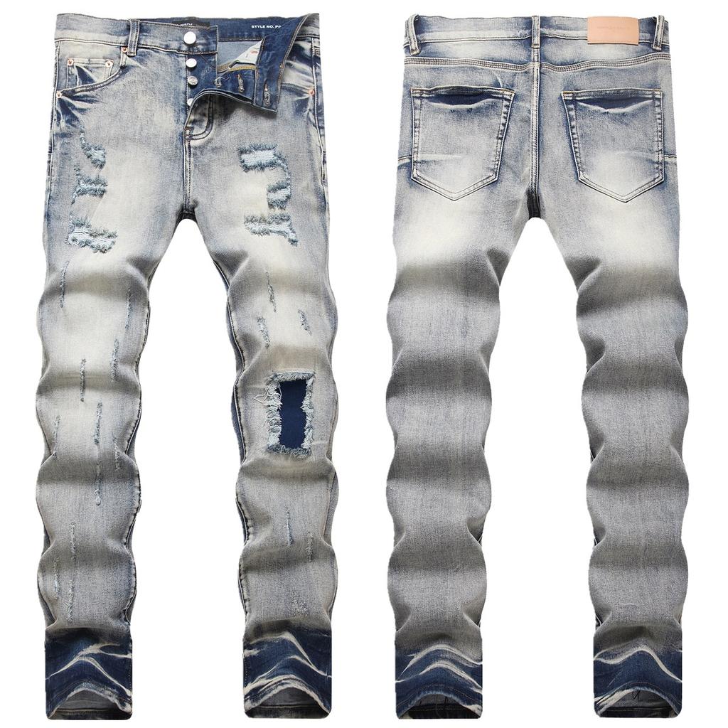 New High Street PU Jeans Men's Piercing Embroidered Patched Elastic Slim Fit Small Foot Jeans