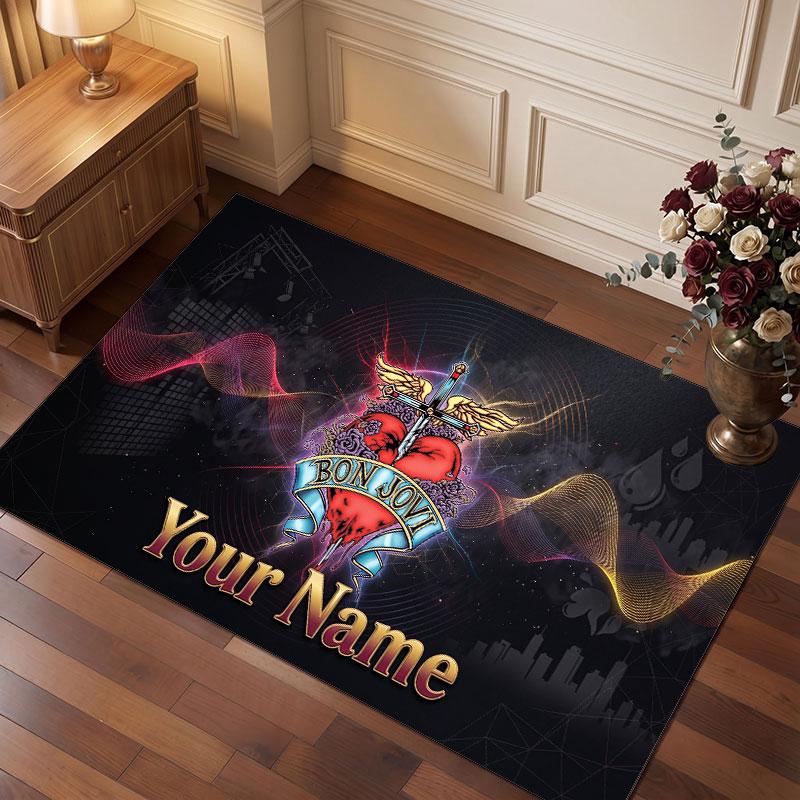 Bon Jovi Personalized Crystal Velvet Carpet, Customized Name Text Soft Anti‑Slip Rug for Living Room Bedroom