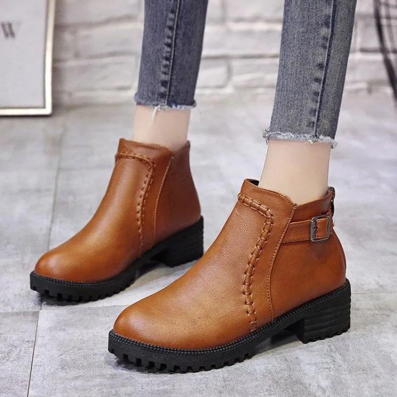 Fashion Ankle Boots for Women Autumn Winter Black Leather Round Toe Work Booties Y2k High Quality Goth Sale Pu Hot 39 Woman Short Shoes