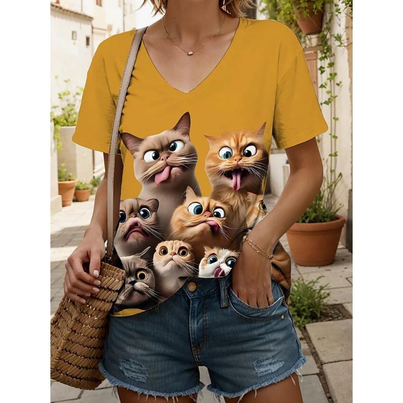 Summer Ladies T-Shirt Funny Animal Cat Pattern Printing Fashion Casual Oversized V-Neck Women's Clothing