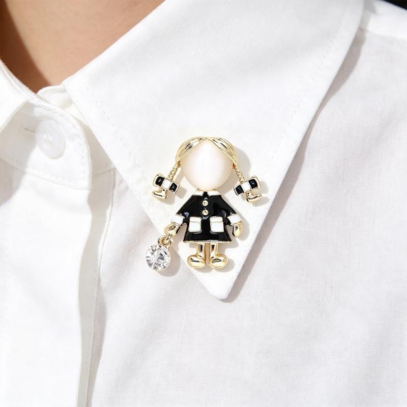 Character Brooch Pin for Women Gold Tone Alloy Girl Design with Black and White Enamel Style Detail for Jackets Scarves Bags and Daily Wear