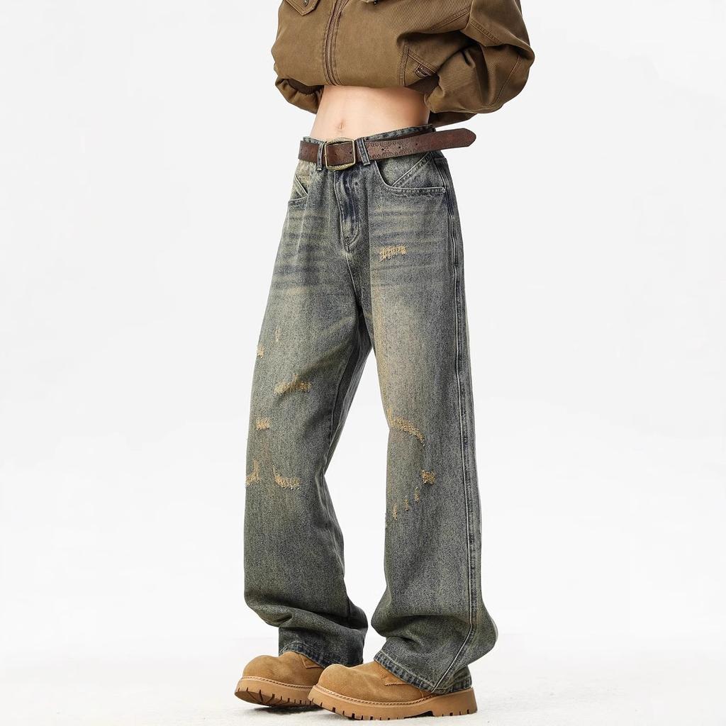 Washed old style pants men's and women's spring and summer loose American retro rough edge straight loose wide-leg jeans