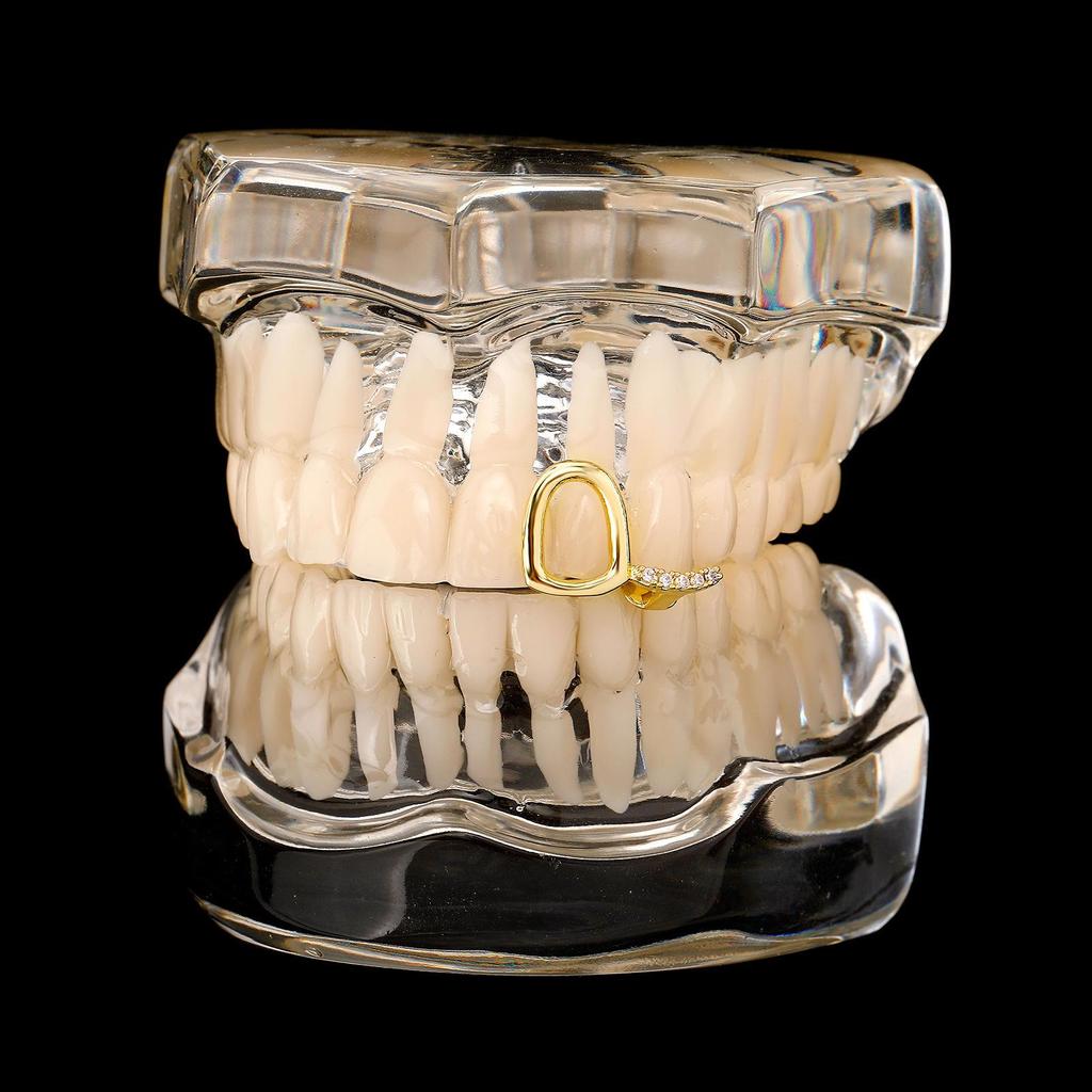 Europejsko-amerykańskie dwukolorowe grillz z pustymi przestrzeniami i podwójnym cyrkonem - Złote zęby wysadzane diamentami, styl hip-hopowy.