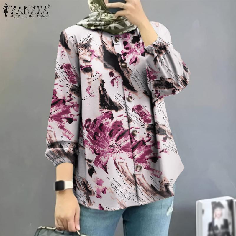 

ZANZEA Женская повседневная блузка с круглым вырезом и длинным рукавом в стиле ретро с принтом