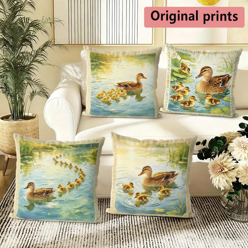Watercolor Duck Family Pond Throw Pillow Covers Pattern Cushion Cover Suitable For Sofa Bedroom Car Pillow Cover