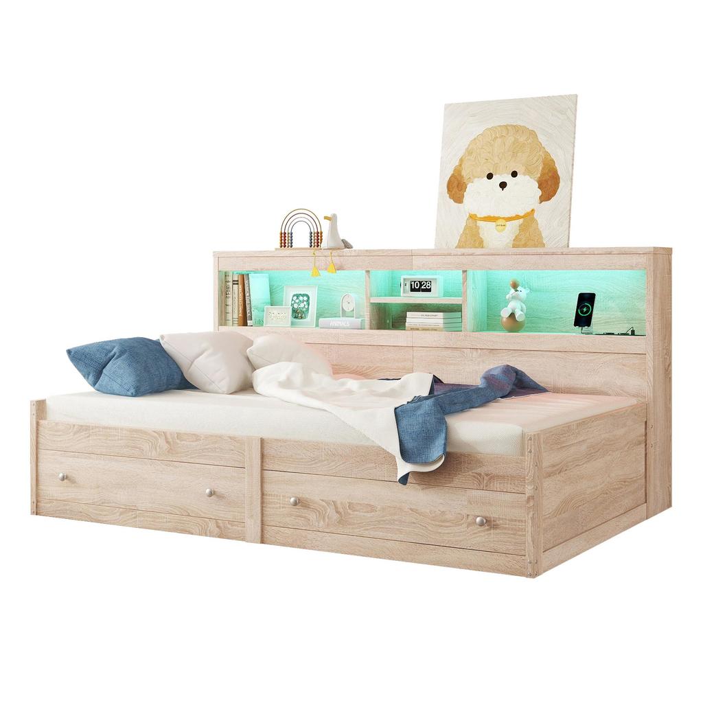 Sofa Bed Flieks 90x200 Daybed with Storage Space, Functional Bed with 2 Drawers, USB Charging Ports, Natural
