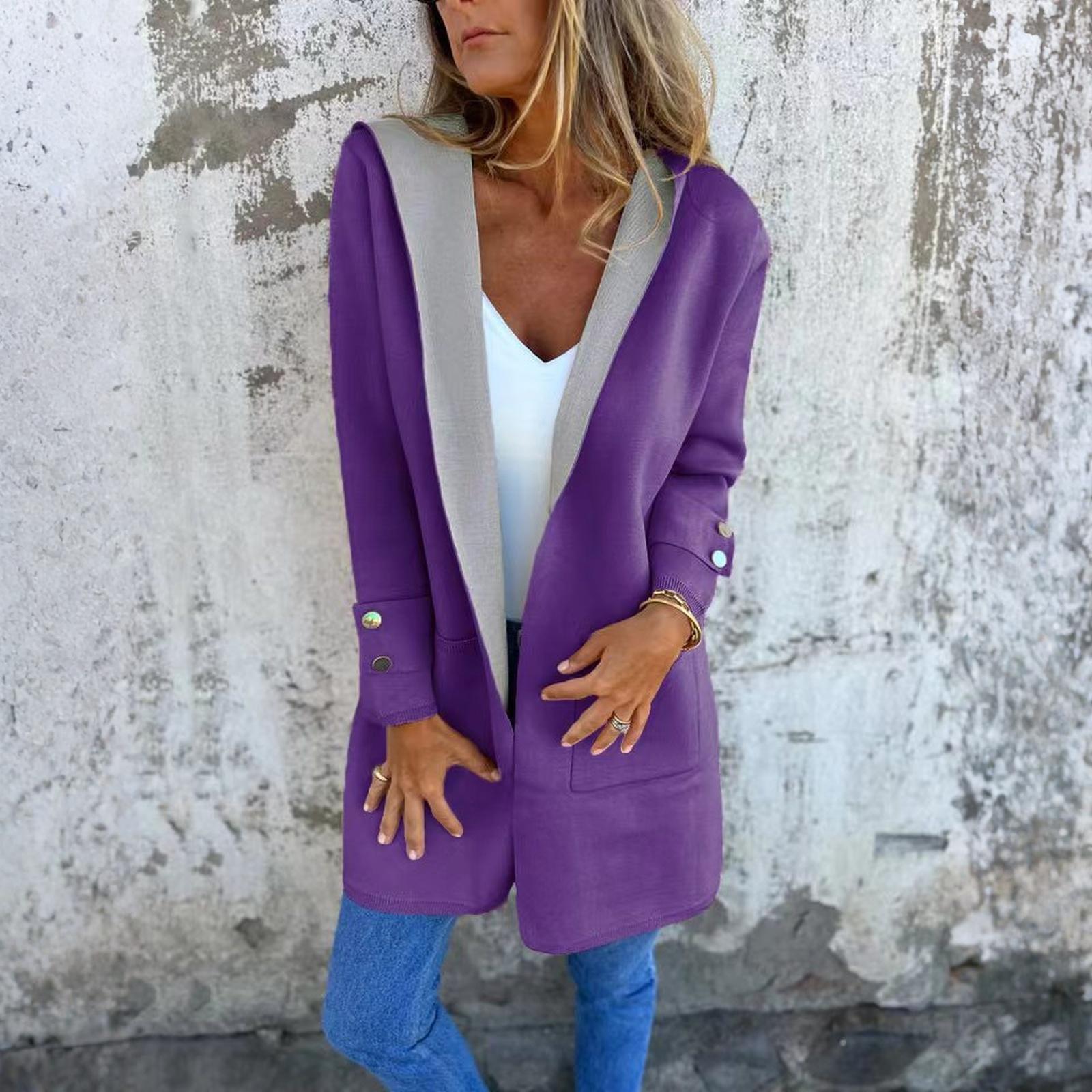 

Fashionable Solid Color Long Sleeved Pocket Casual Sweater Cardigan Hooded Jacket XL фиолетовый