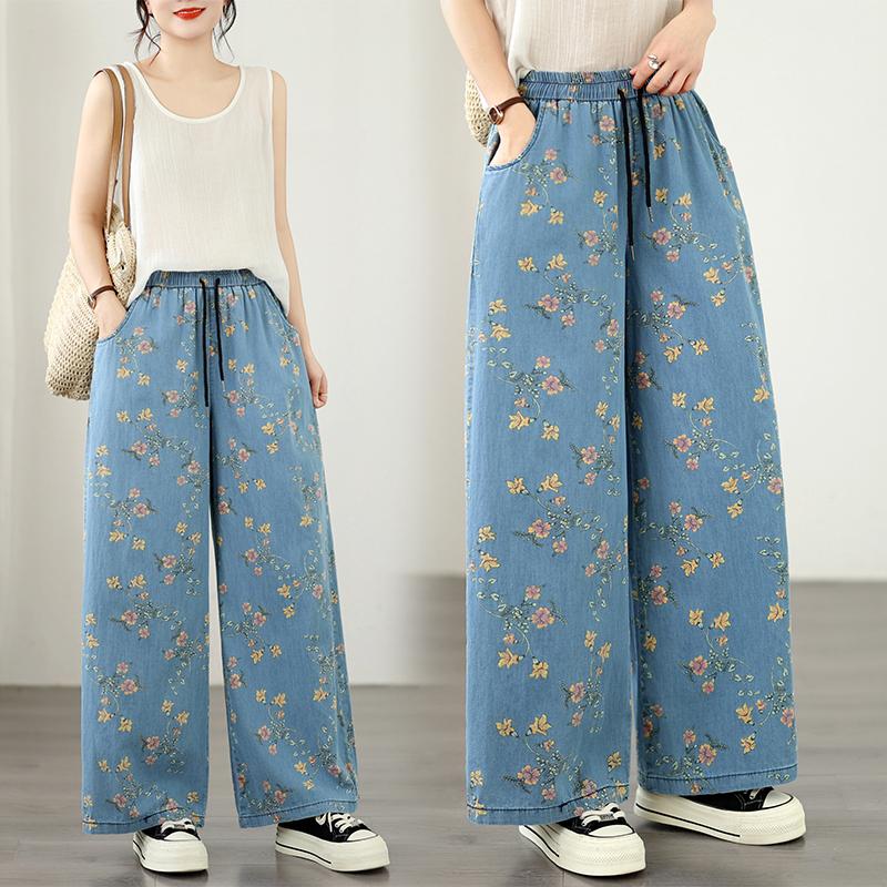 DIMANAF 2026 Summer New Plus Size Women Jeans Print Floral Elastic Waist Long Pants Loose Casual Denim Cotton Trousers Pants