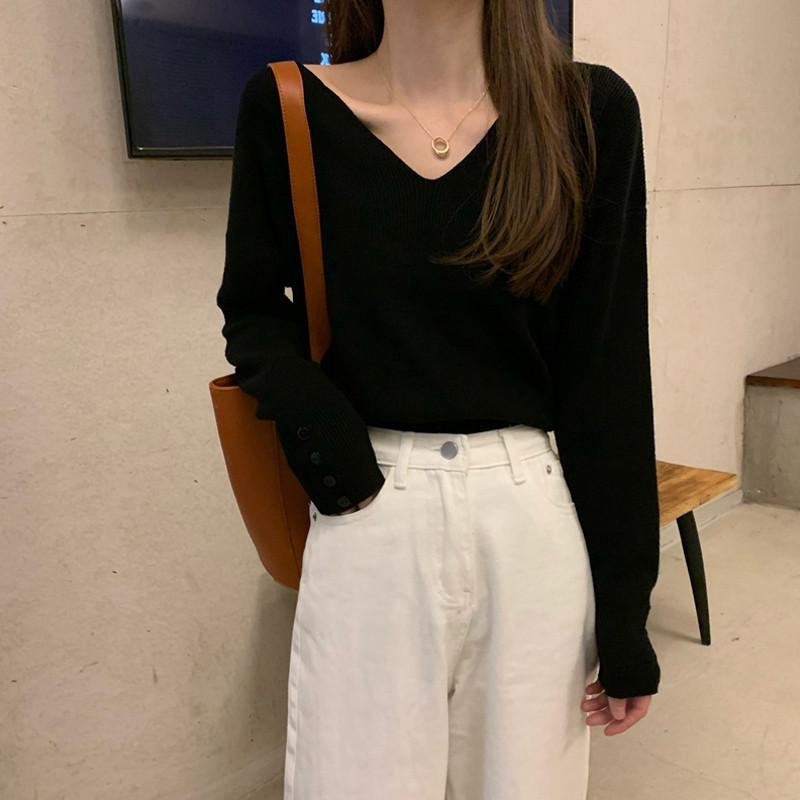 Svetr s výstřihem do V jednobarevný pro ženy s dlouhým rukávem s volnou pleteninou uvnitř pulovr ležérní tenký podzimní a zimní svetr