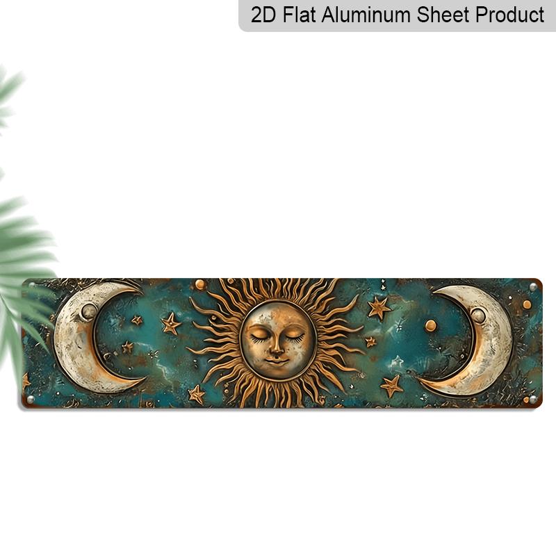 

3.94 X 15.74 Inches Aluminum Decorative Sign - 2D Flat, 1pc Retro Metal Design of The Sun and Moon, in A Blue-Green Celestial Theme with A Golden 40cm x 10cm