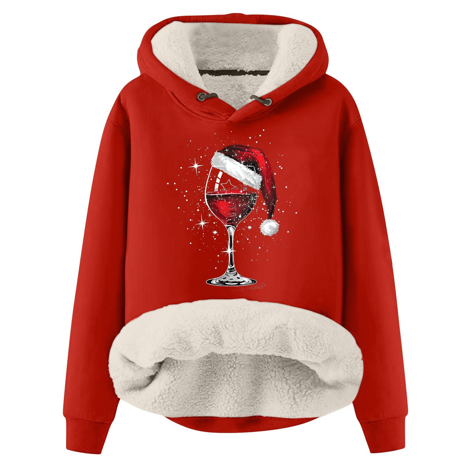 

Жіночий модний теплий вільний пуловер з різдвяним принтом і потовщеною підкладкою з капюшоном M червоний