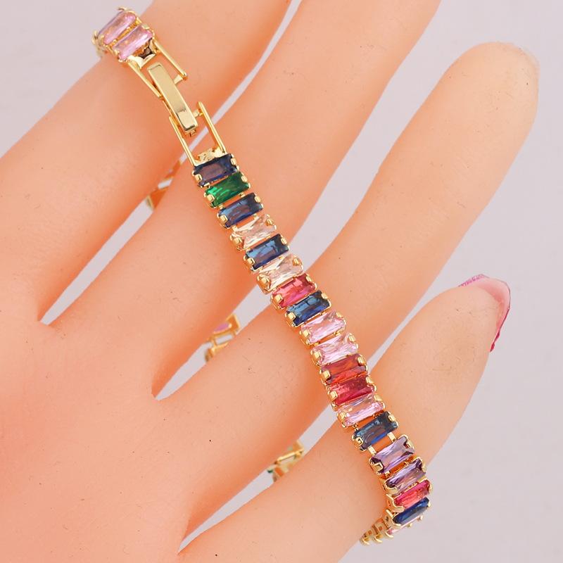Gold Plated Rainbow Baguette CZ Tennis Bracelet – Luxury Colorful Gemstone Jewelry, Sparkle Gift for Women