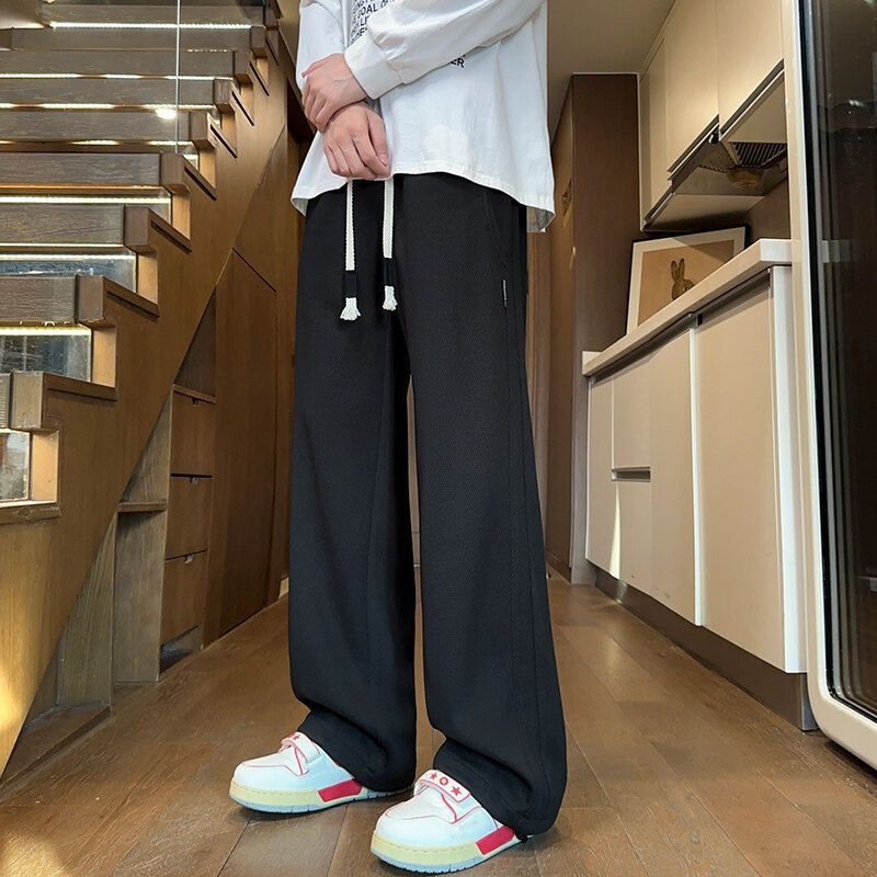 Men s Pineapple Plaid Patchwork Casual Straight-Leg Pants Montmartre Hezi Spring and Autumn Loose Wide-Leg Pants Black 2XL