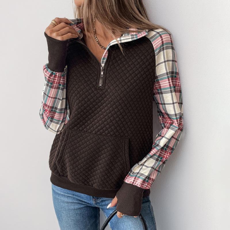 Women's Autumn/Winter 2025 Plaid Patchwork Stand Collar Pullover Hoodie