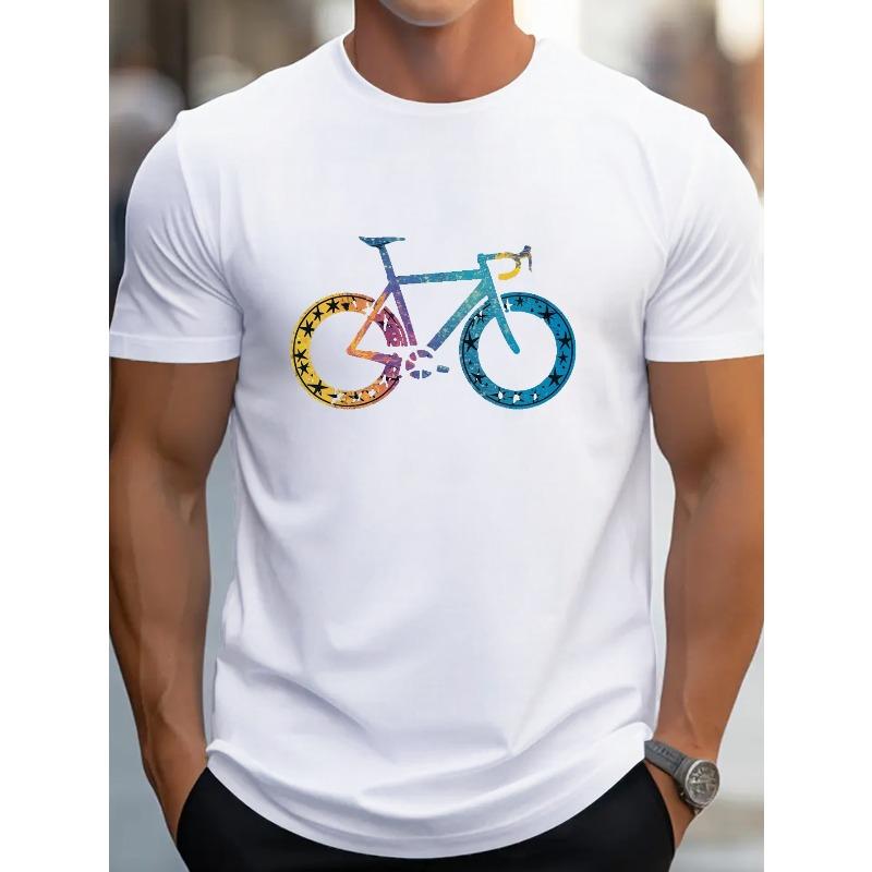 Men s Lightweight Breathable Cotton Cycling Graphic T-Shirt - Short Sleeve Crew Neck, Vibrant Bicycle Print, Perfect for Summer Casual Wear, Sporty S белый