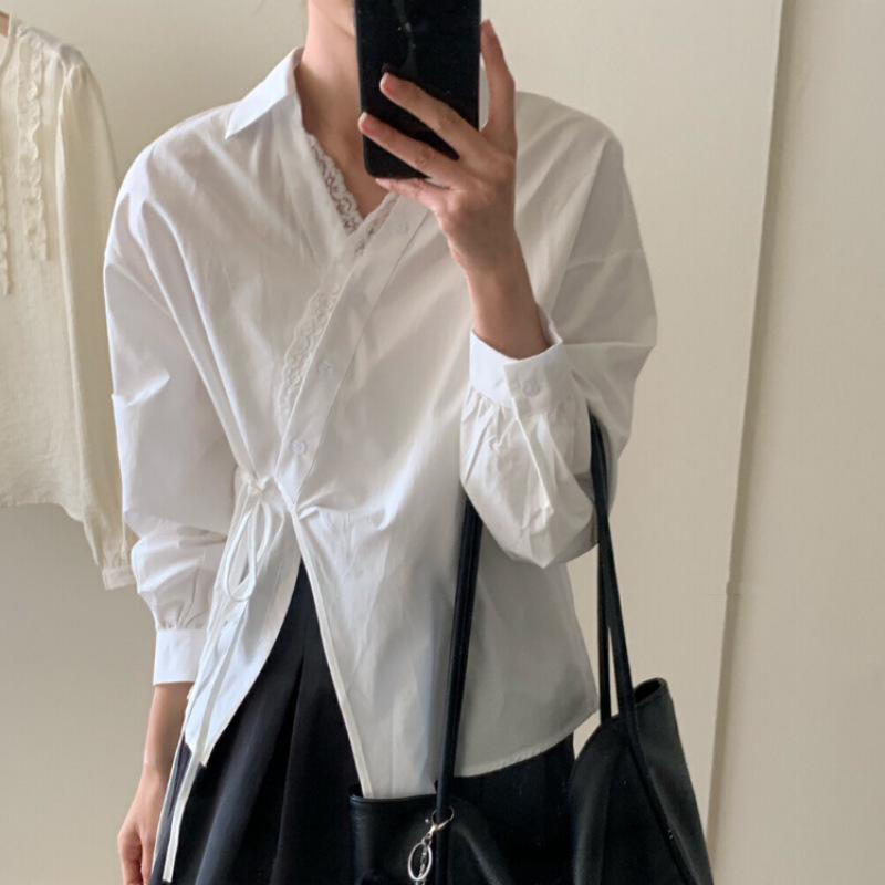 2025 French Fashion Long Sleeve Irregular Lace Tie Waist Slimming Solid Top
