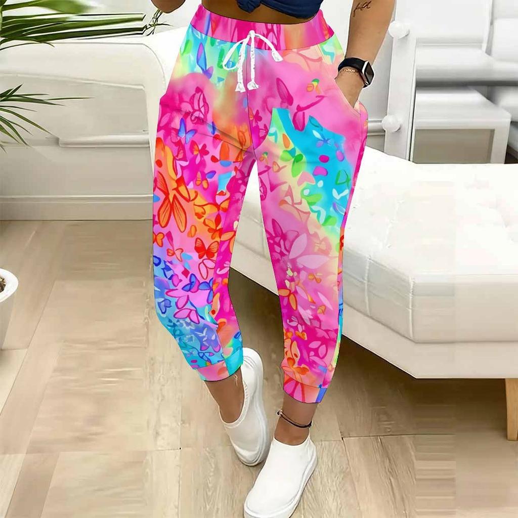 Summer Ladies Graffiti Flowers Printed Sweatpants Loose Fit Drawstring Joggers Elastic Cuff Daily Casual Pants