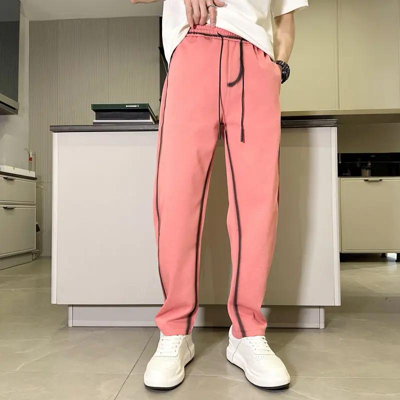 Men's Casual Striped Side Drawstring Pants Elastic Waist Loose Fit Straight Leg Trousers
