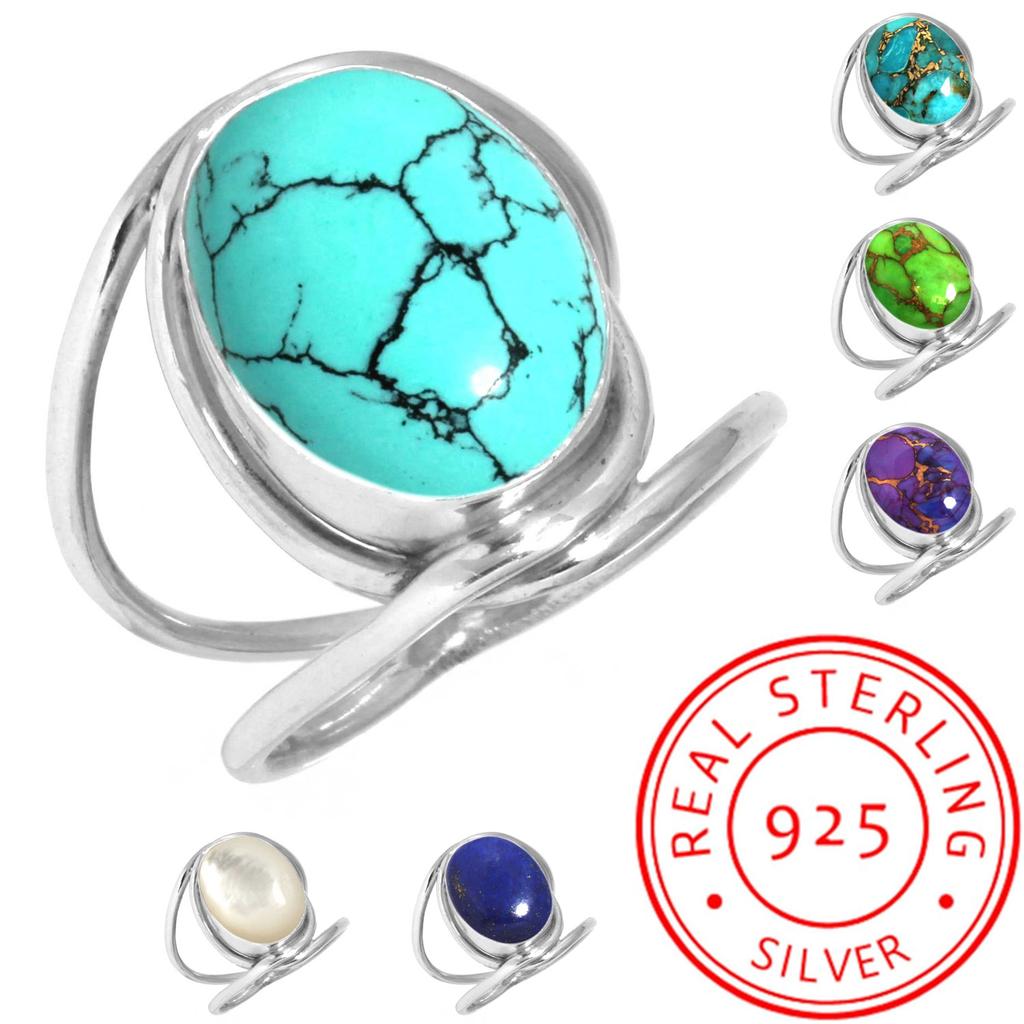 925 Sterlingsilber Ring Damen Edelstein Handgefertigter Schmuck Neujahrsgeschenk Blau Grün Lila Kupfer Türkis Perle Lapislazuli Perlmutt Solitär