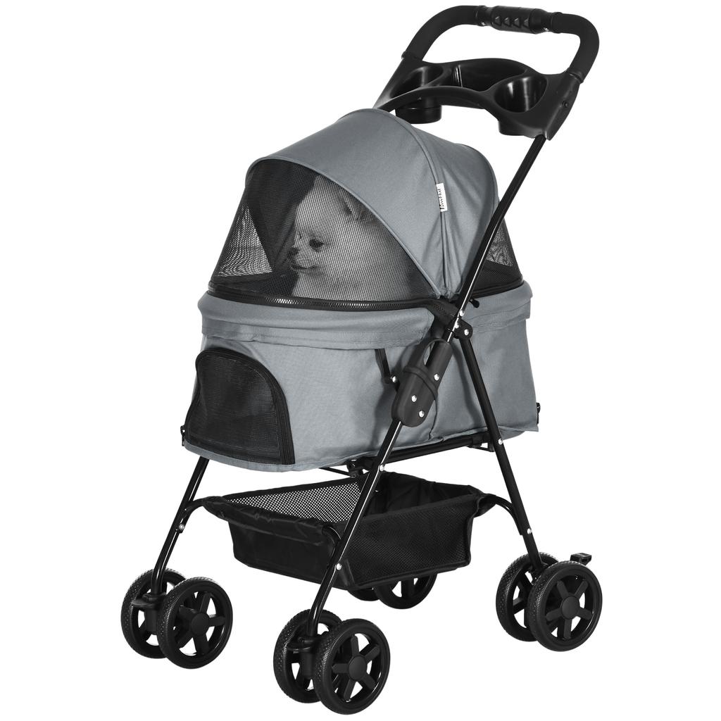 Dog Pram Dog Stroller Foldable Pet Pushchair with 4 Wheels, Safety Leashes, Cup Holder for Small Dogs, Grey